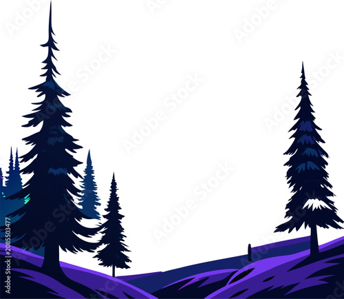 Mystical Northern Lights (Aurora): A dark winter night background with sharp silhouettes of pine trees under a vibrant, swirling neon green and violet aurora borealis sky, high-contrast vector.