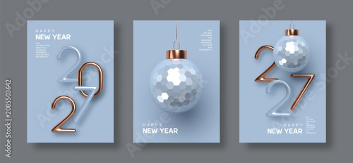 2027 New Year greeting cards, flyers, posters. 3d metallic golden or copper with blue numbers and glossy ball on blue background. Gold realistic 2027. Vector illustration.