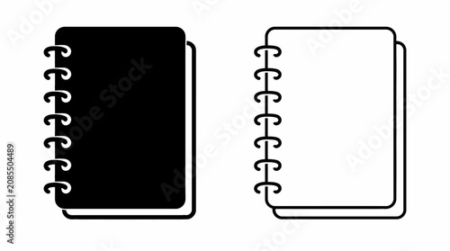 Spiral notebook icons in solid black and outline styles for UI design