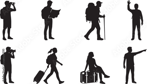 Set of diverse traveler and tourist silhouettes engaged in various activities isolated on white