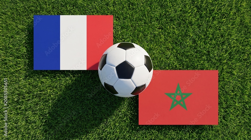Soccer Ball with France and Morocco Flags Layout on Green Football Pitch Lawn, 10 July 2026