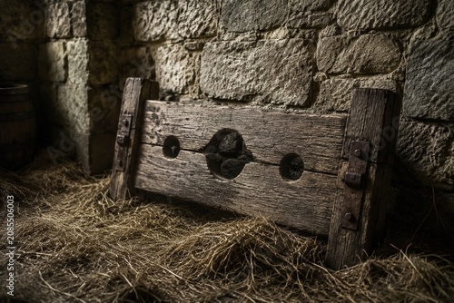 A rough wooden pillory in hay against a stone castle wall.