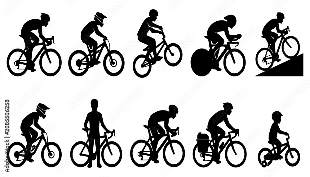 Obraz premium Cyclists Riding Bicycles in Various Positions and Styles Featuring Cycling, Sports, Exercise with Fitness and Outdoor Elements