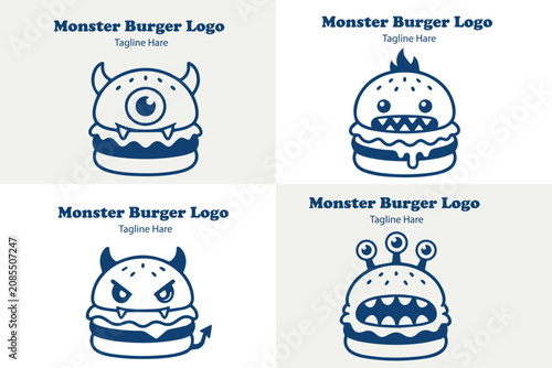 Φωτογραφία 4 Premium Modern Minimalist Mascot Astronaut Monster Burger Logo Bundle Black and White Clean Vector