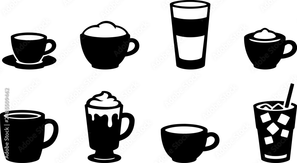 Fototapeta premium Coffee Beverage Cup Icons Collection Black Silhouette Vector Set