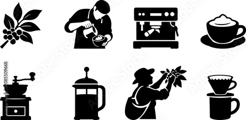 Coffee Production Process Silhouette Icons Set from Plant to Ground Powder Vector Collection
