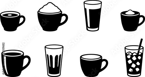 Obraz na plátne Coffee Drink Silhouette Icon Set with Espresso Cappuccino Latte Americano Iced C
