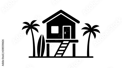 Vector illustration of black icon of a beach house on stilts with palm trees and a surfboard on a transparent background