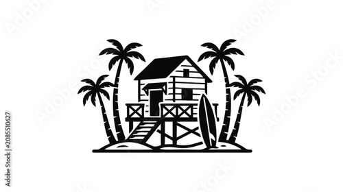 Vector illustration of tropical beach shack with palm trees and surfboard vector illustration on a transparent background