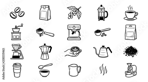 Foto Comprehensive coffee brewing elements and barista equipment icons collection wit