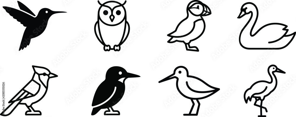 Fototapeta premium Wild bird line icon set featuring minimalist owl hummingbird swan and puffin in outline style
