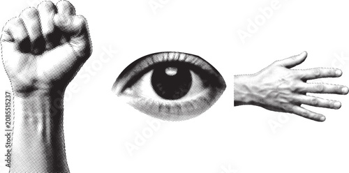 Foto Fist eye open palm halftone pattern graphic represents protest observation decis