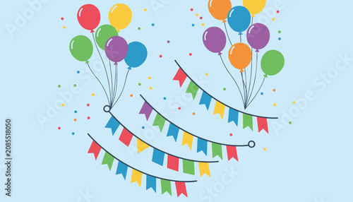 Colorful festive party decorations including balloons and bunting flags hanging to celebrate a joyful event or birthday occasion.