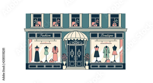 Fashion Boutique Vector Illustration with Display Windows and Classic Architecture