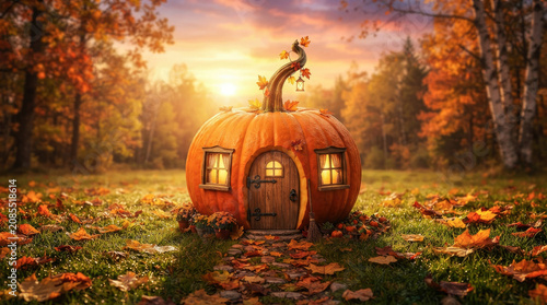 Whimsical giant pumpkin house standing in golden meadow surrounded by fall trees during beautiful sunset autumn day.