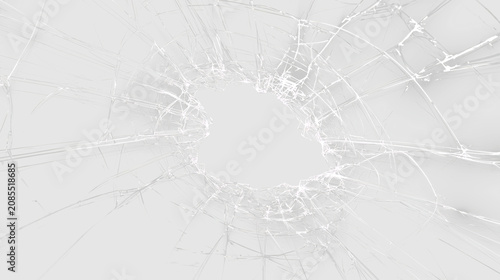 Billede på lærred Broken glass hole on transparent background showing cracks and fragments around
