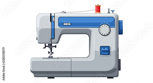Flat Vector Illustration of a Blue and Gray Sewing Machine