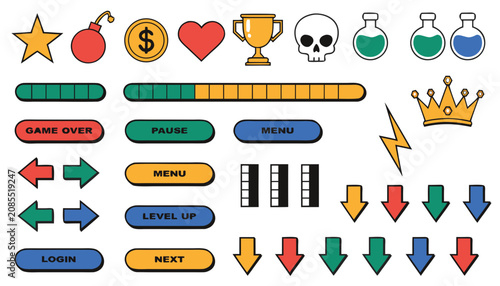 Comprehensive sprite sheet of 2D game user interface elements, including buttons, icons, and progress bars for video games.