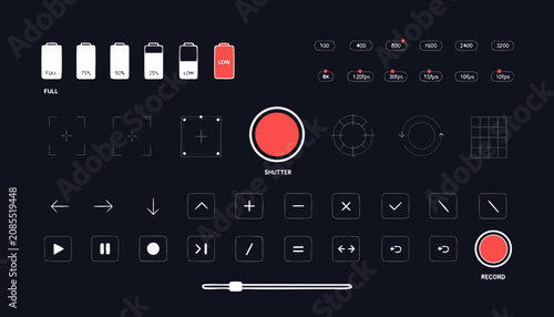 Minimalist hand-drawn digital UI asset sheet with camera and video recording controls on dark background.