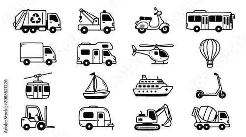 Set of various black and white line art transportation icons featuring diverse vehicles for modern design