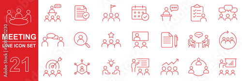 Meeting business related icons set. Including discussion, team, schedule, conference, collaboration, agenda, communication, and planning. People and team icon set, business management, human resources