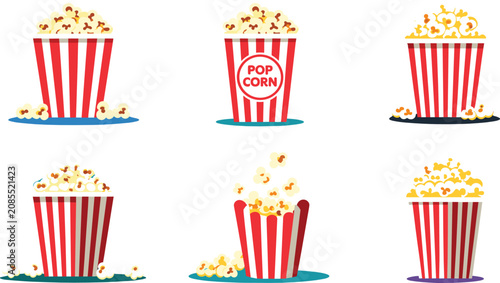 Foto Popcorn vector illustration bundle featuring red and white striped buckets overf