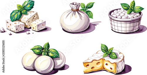 Foto Cheese variety illustration set featuring labeled gourmet feta cubes burrata pou