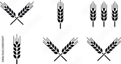 Obraz na płótnie Wheat silhouette icon set featuring minimal black agricultural grain stalks cros