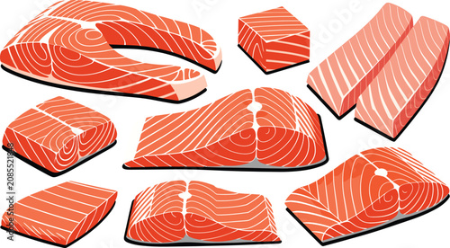Bild auf Leinwand Salmon fish cut collection featuring raw pink trout steaks boneless fillet porti