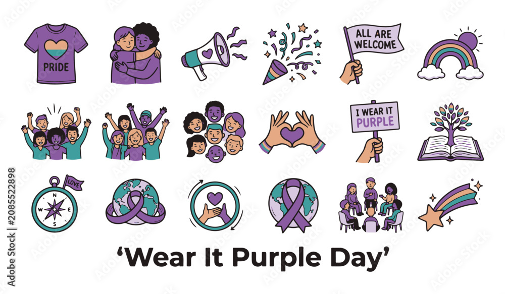 Fototapeta premium Hand-drawn Purple Icon Collection for 'Wear It Purple Day' Featuring Diversity, Inclusion, and LGBTQ+ Youth Support