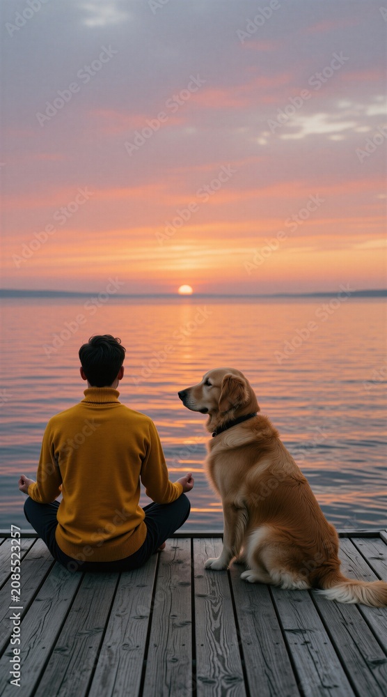 Fototapeta premium Man meditates on dock at sunset beside golden retriever dog. Calm water reflects orange sky, couple enjoys quiet moment, peace, and togetherness.