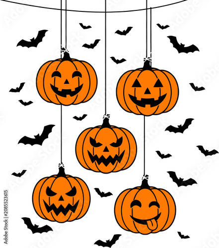 Halloween hanging pumpkin faces with bats on white background