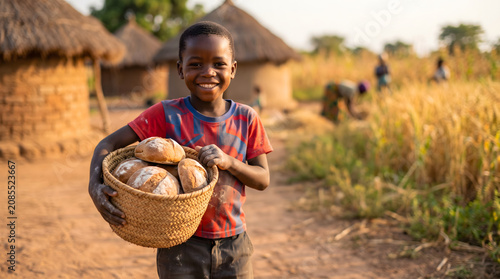 African Childhood, Rural Harvest, African child with basket of bread smiling in Africa