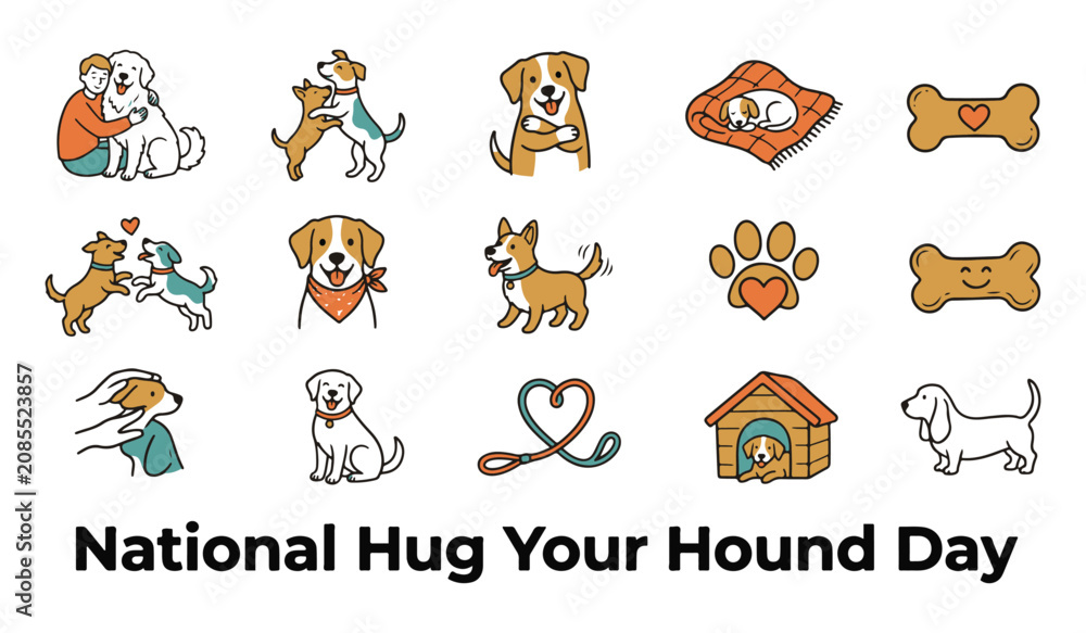 Fototapeta premium Cute Dog Illustration Set with People Hugging Hounds for National Hug Your Hound Day