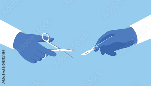 Two gloved hands holding surgical instruments like scissors and a scalpel representing precision and expertise in medical surgery.