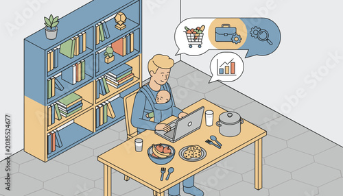 Working parent multitasking with a baby in a carrier while working on a laptop, balancing work, family, and home life chores.