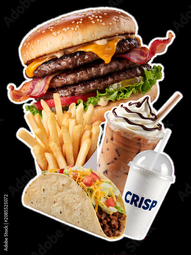 Close-up of a juicy cheeseburger with fries and milkshake on dark background
