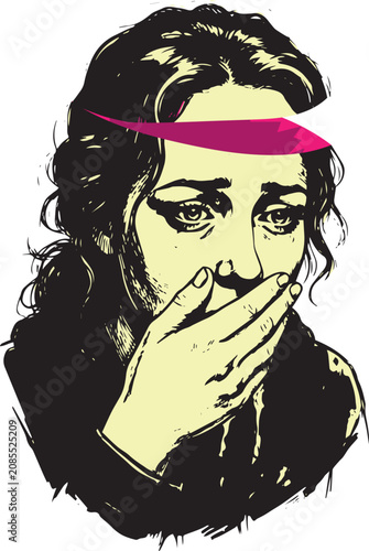 Obraz na plátně Illustration of a woman with a hand over her mouth showing an expression of surp