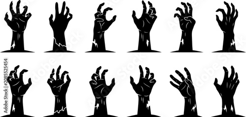 Collection of 12 zombie hands reaching up in various positions for halloween decorations and design