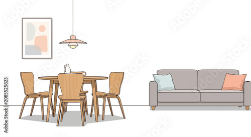 Modern office meeting room with wooden conference table and chairs.