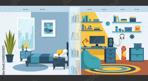 Modern office workspace with technology and plants.