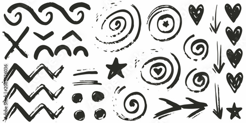 Canvastavla Black brush stroke doodles and sketches on a white background
