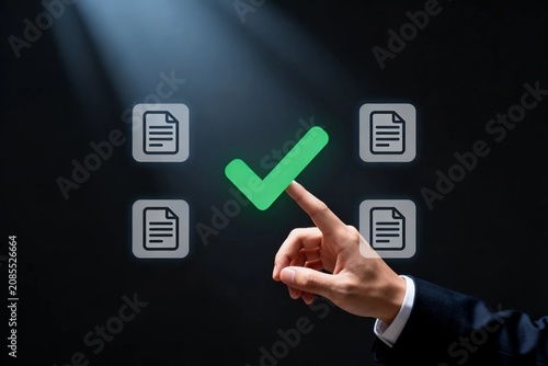 Business hand selecting digital document with green checkmark