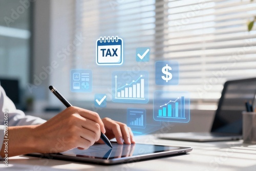 Business person working on digital tablet with tax and finance icons