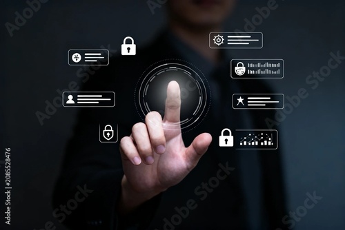 Businessman interacting with digital security icons