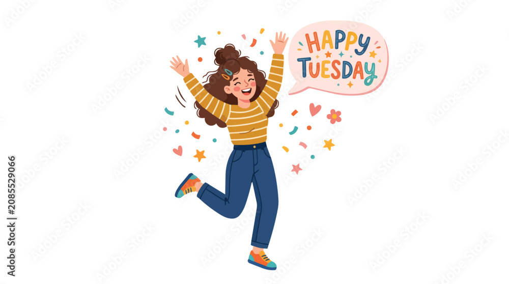 Fototapeta premium Cheerful Young Woman Jumping in the Air with Joyful Expression and Happy Tuesday Speech Bubble and Star Decoration