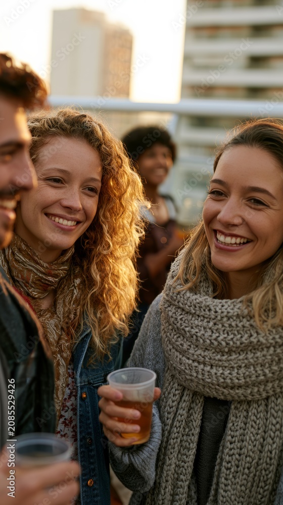 Obraz premium Friends enjoying drinks and conversation on a rooftop at sunset