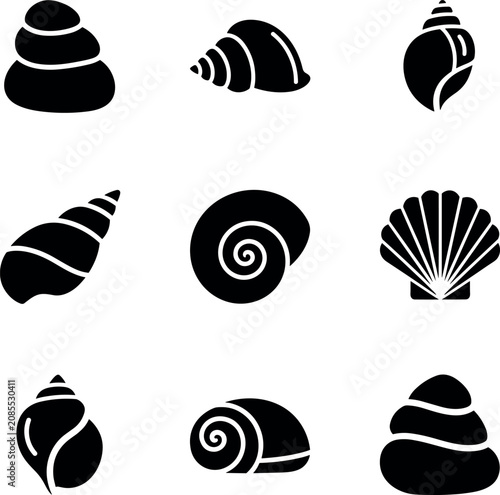 Принти на полотні Diverse black seashell icons neatly arranged on white, evoking calm marine feelings with clean and flat lighting