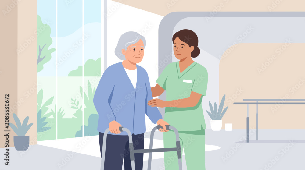 Fototapeta premium Nurse helps elderly woman with walker in care home interior