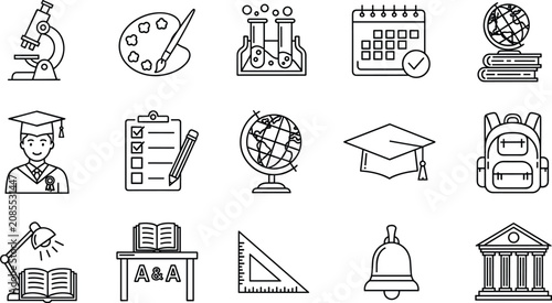 Black and white line collection of science technology and education symbols des
